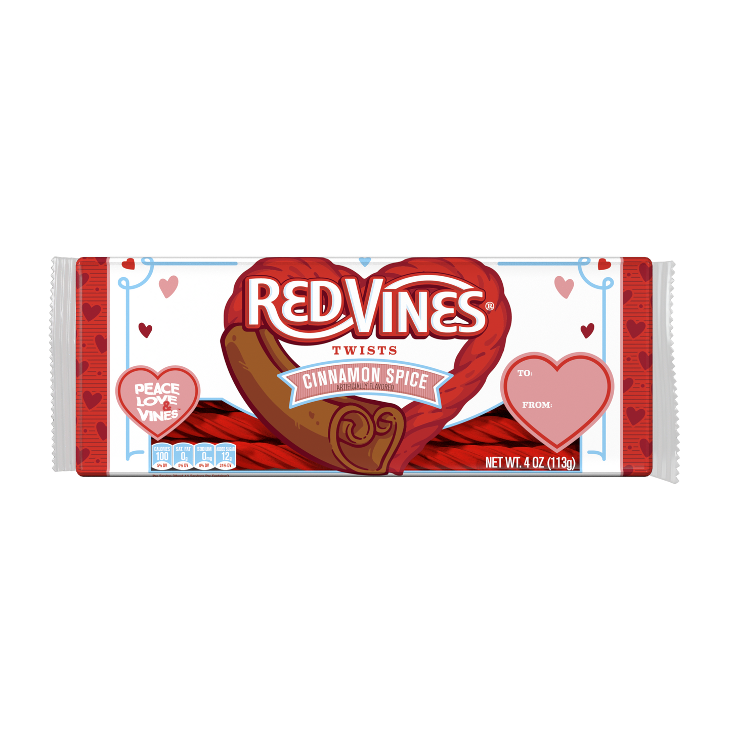 Front of RED VINES Cinnamon Spice Licorice Twists 4oz Tray