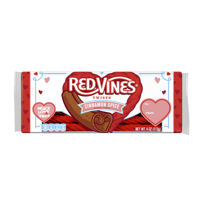 Front of RED VINES Cinnamon Spice Licorice Twists 4oz Tray