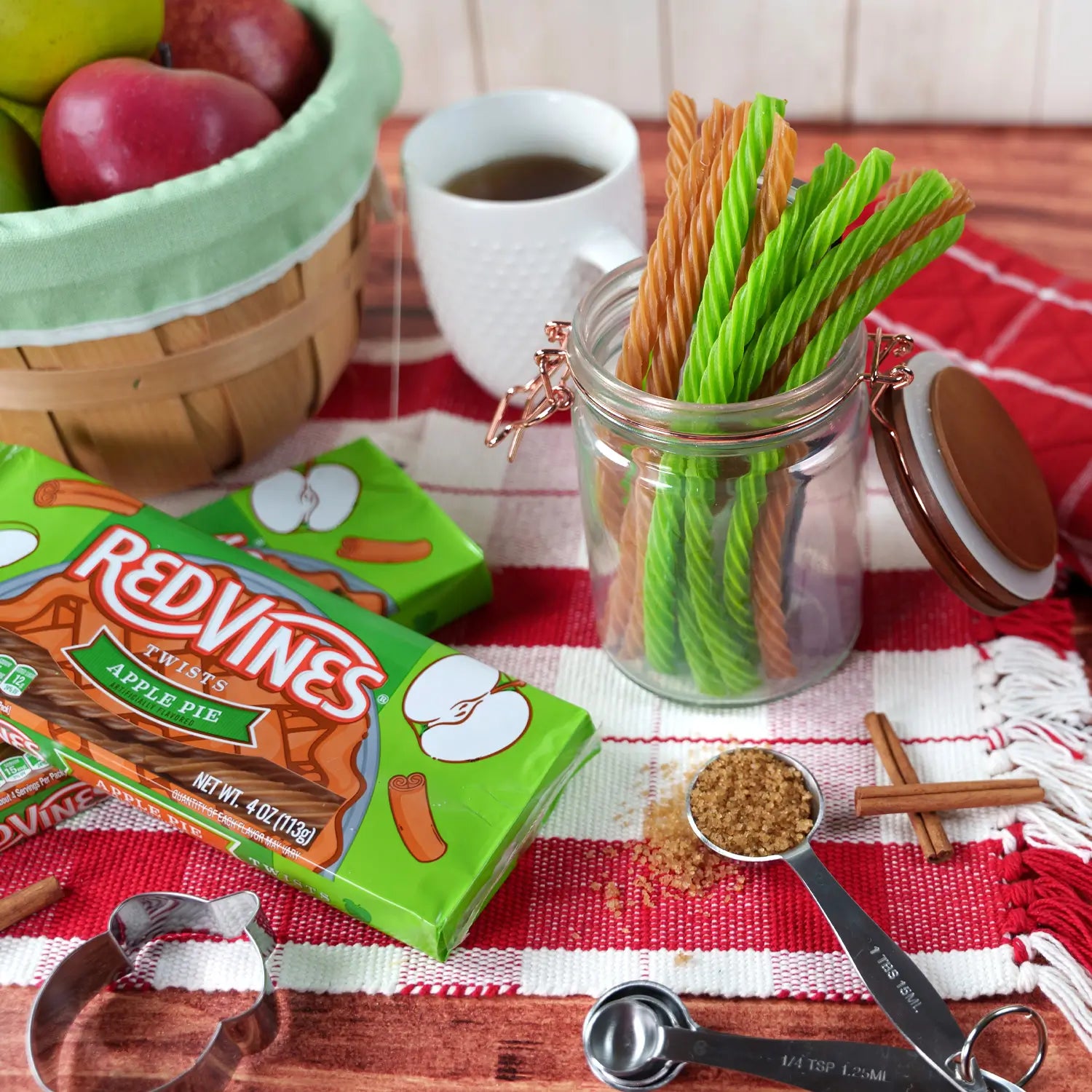 Red Vines Apple Pie Twists seasonal licorice candy with fresh apples, tea, cinnamon and sugar, and acorn cookie cutters