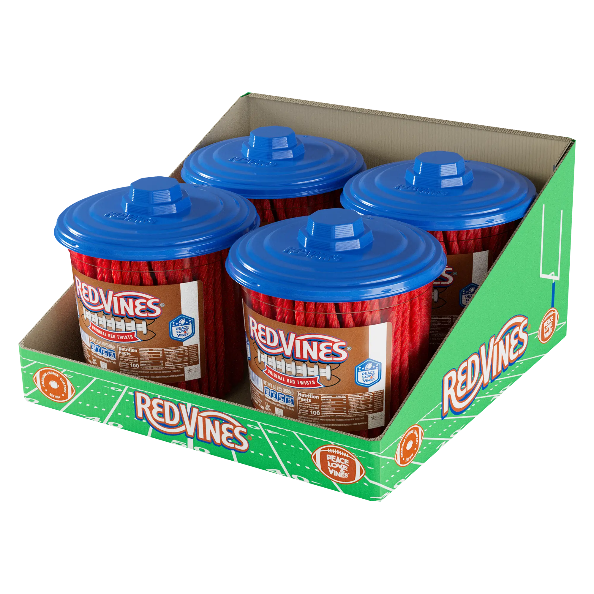 A cardboard football themed display box holding four Red Vines Original Red Licorice jars with blue caps.