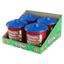 A cardboard football themed display box holding four Red Vines Original Red Licorice jars with blue caps.