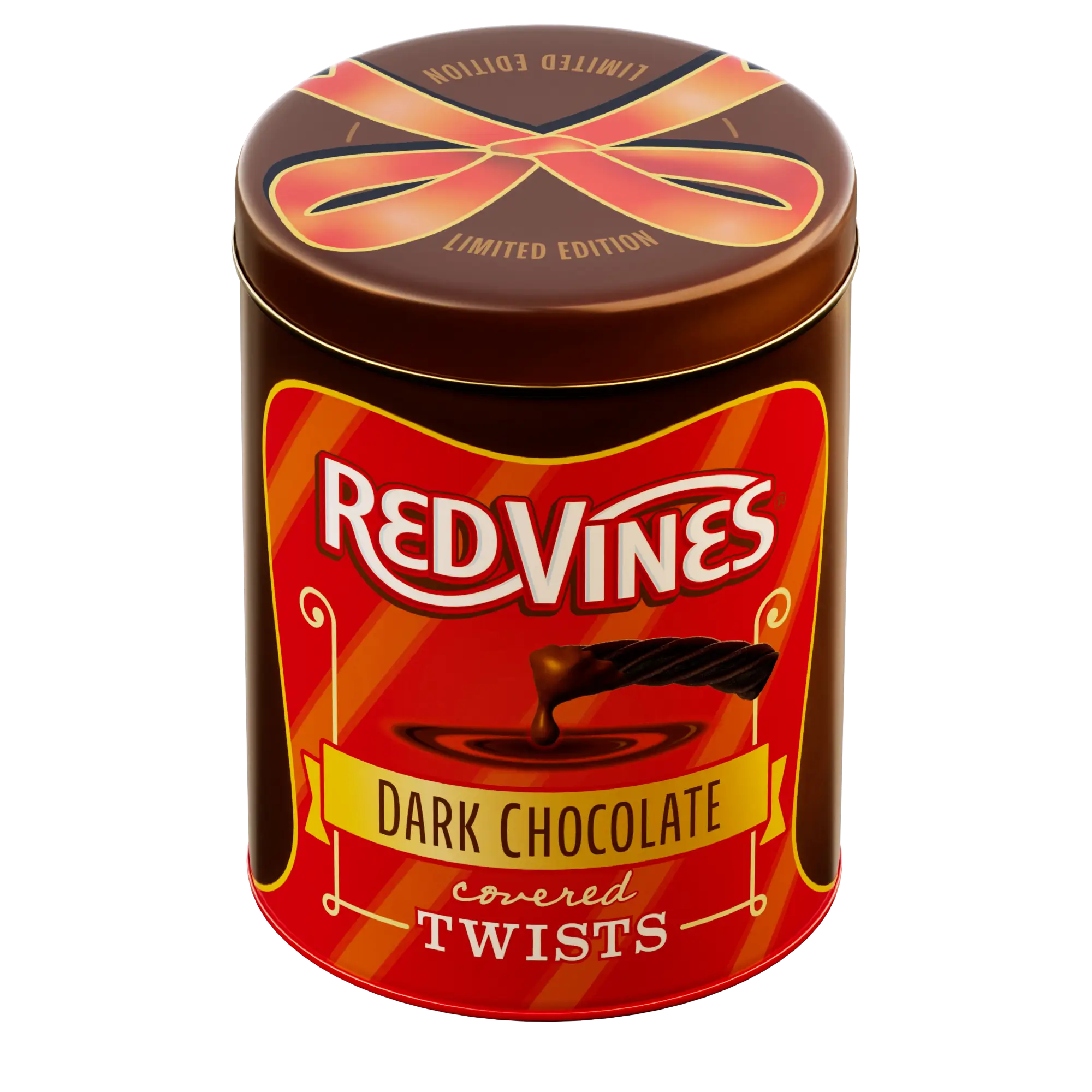 Red Vines Chocolate Covered Licorice 1lb Tin with gifting bow design and limited edition note on top of tin
