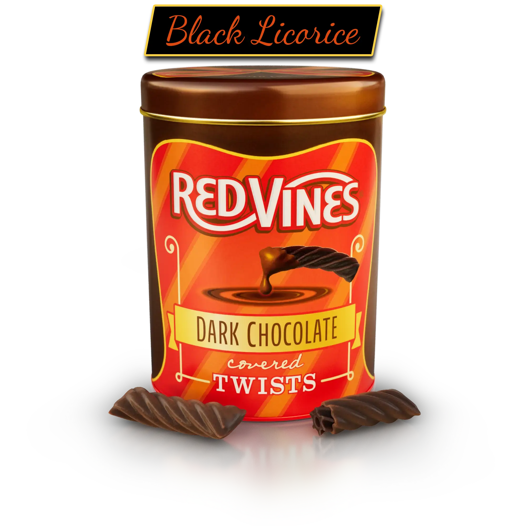 Red Vines Chocolate Covered Licorice 1lb Tin angled to show the red side of the tin design, with a chocolate covered black licorice twist in front