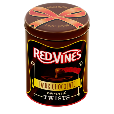 Red Vines Chocolate Covered Licorice 1lb Tin with gifting bow design and limited edition note on top of tin