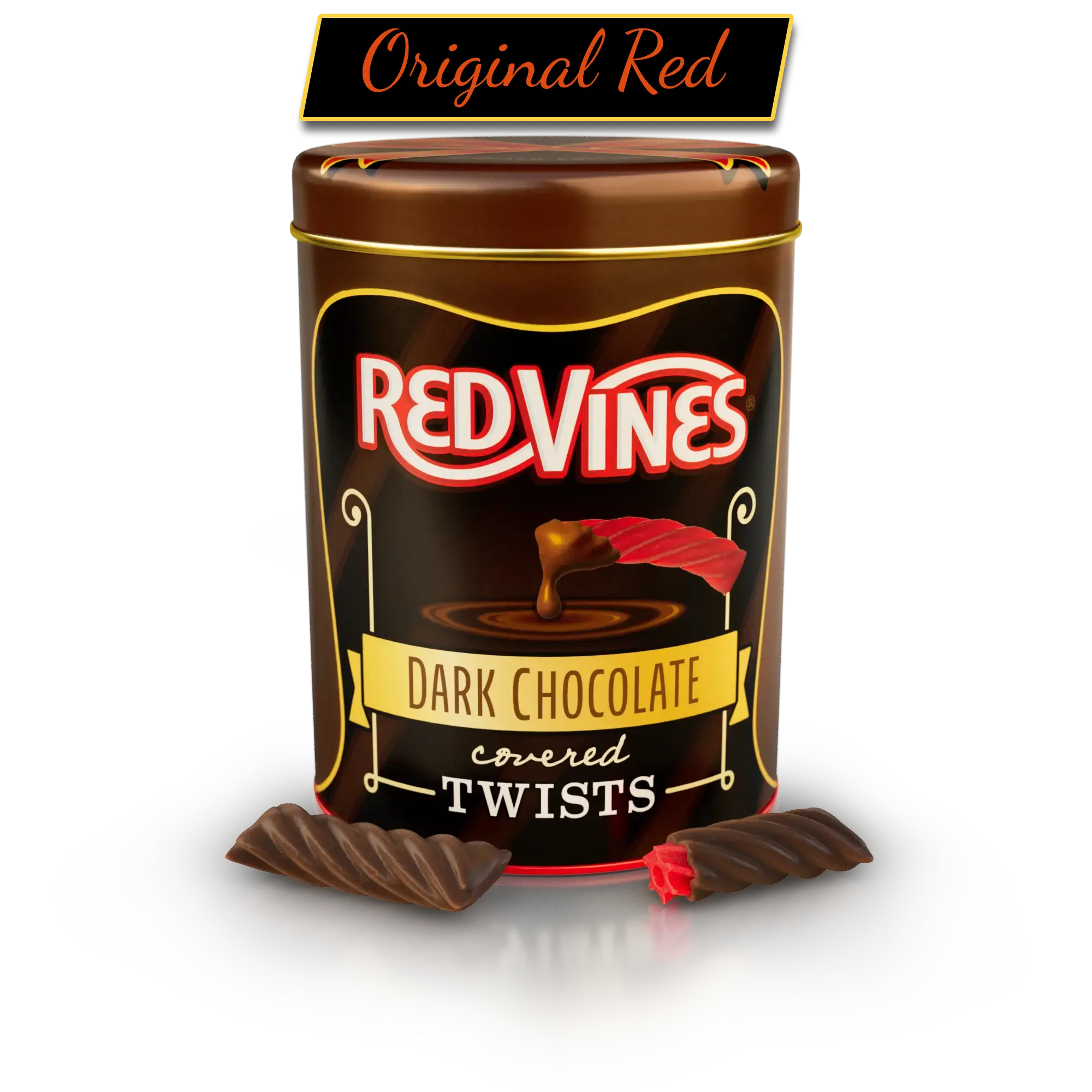 Red Vines Chocolate Covered Licorice 1lb Tin angled to show the brown side of the tin design, with a chocolate covered red licorice twist in front