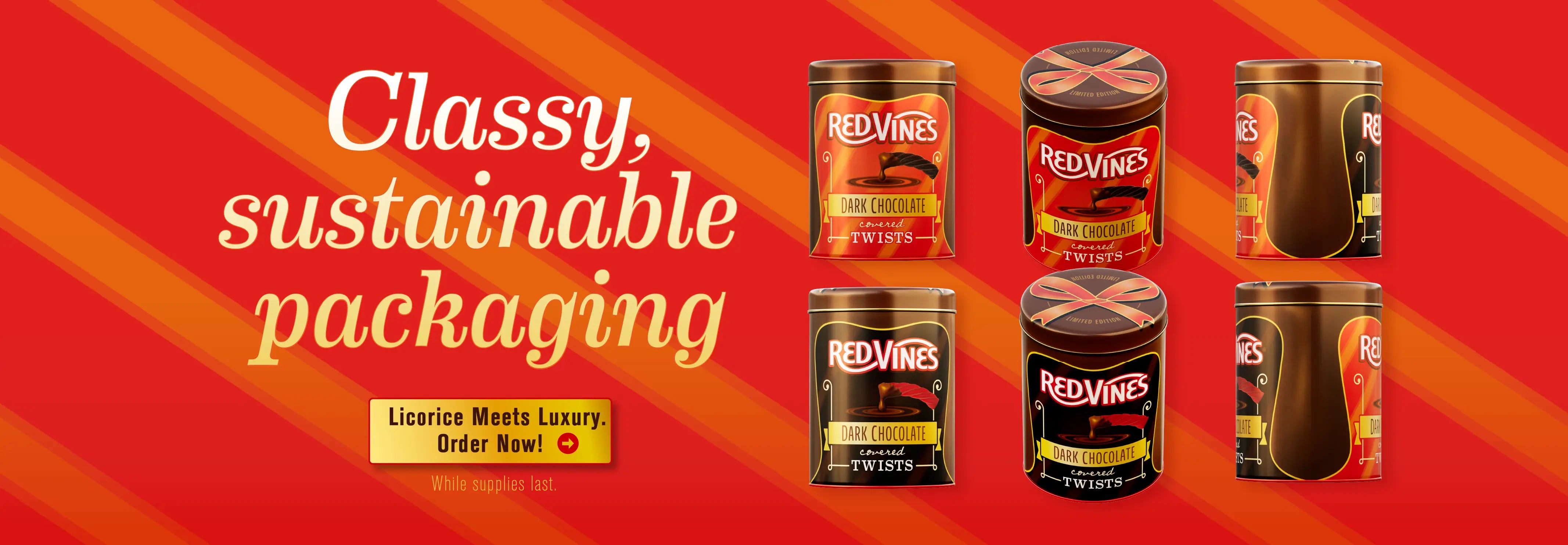 Chocolate covered Red Vines Tins are in classy, sustainable packaging