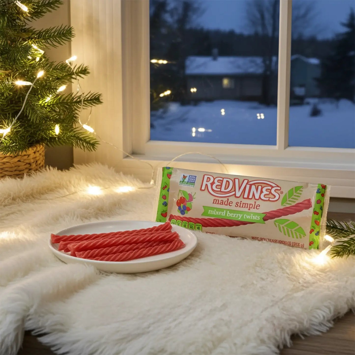 Red Vines mixed berry licorice on a plate with a Christmas tree and snowy window in the background
