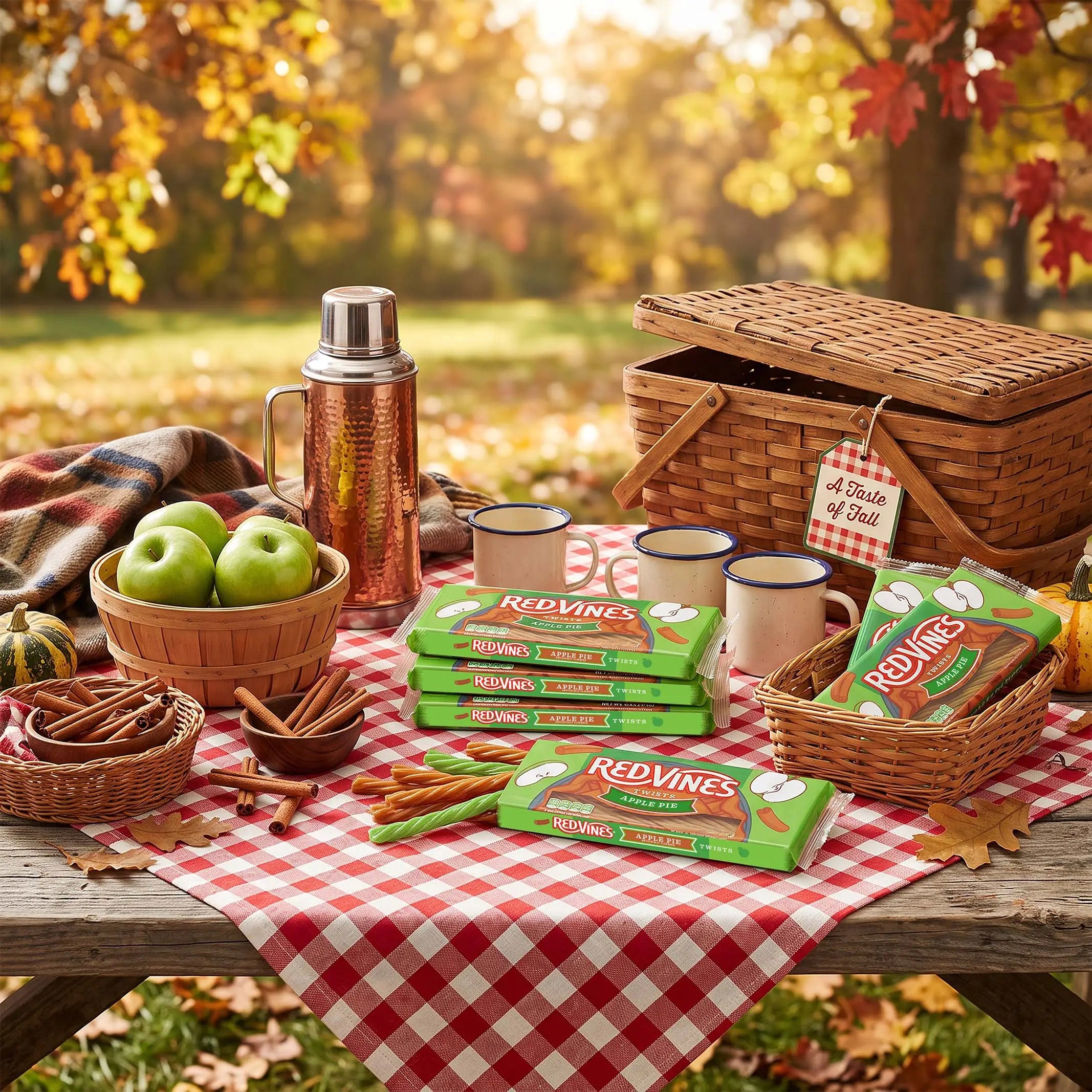 Red Vines Apple Pie Twists with a fall picnic basket and coffee thermos