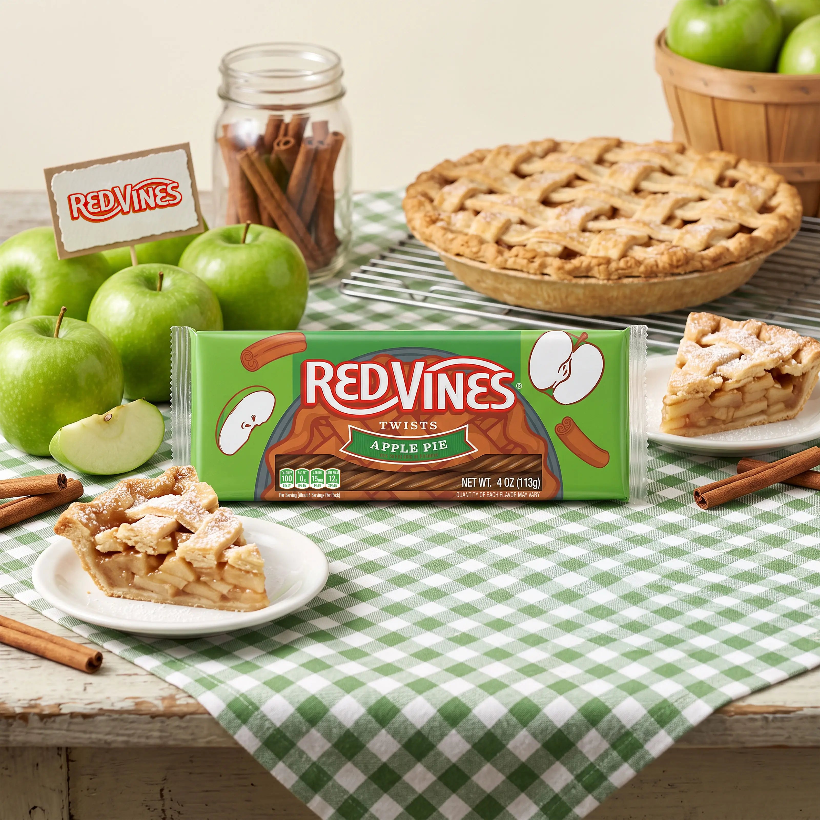 Red Vines Apple Pie Twists alongside an apple pie and granny smith apples