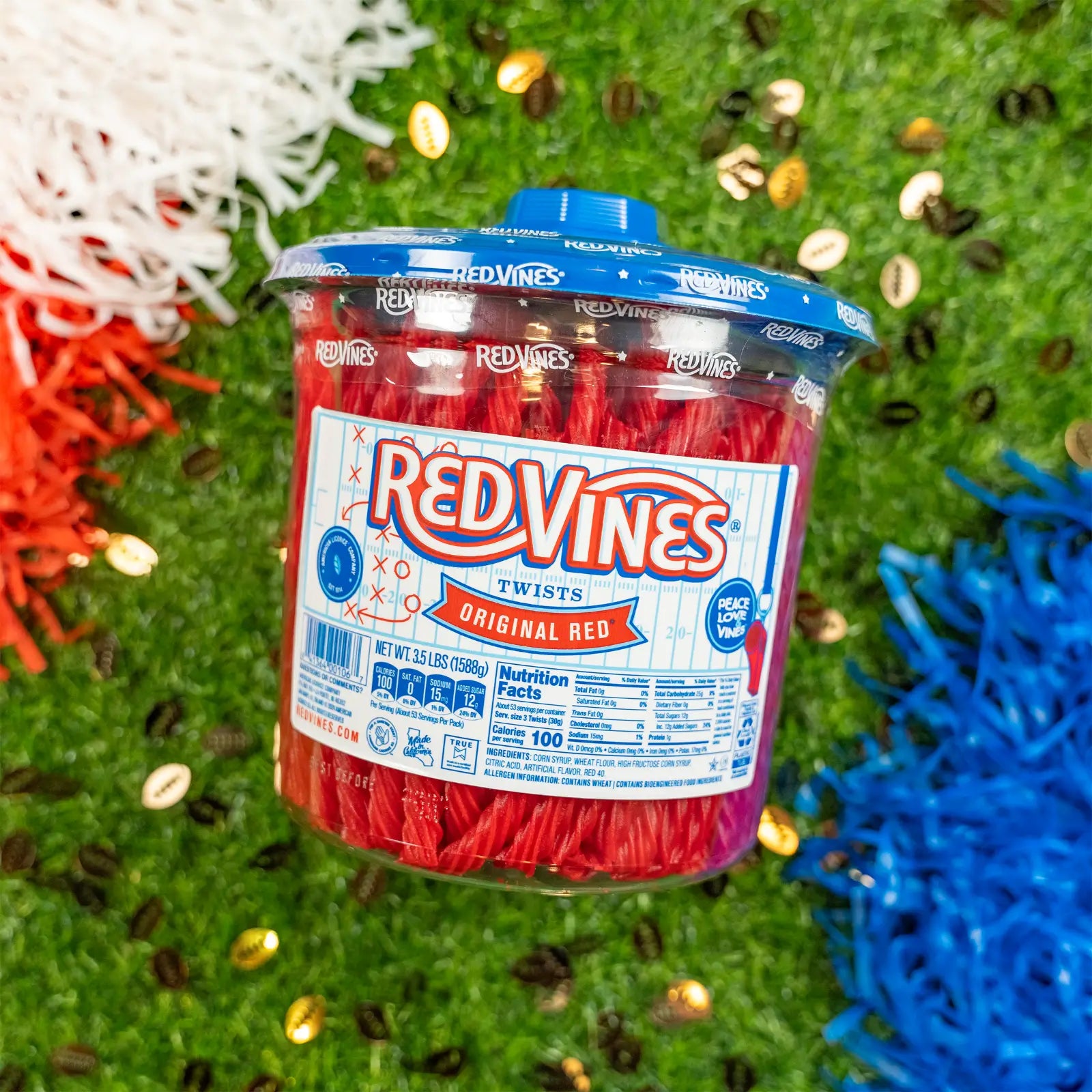 3.5lb Jar of RED VINES Original Red Licorice Candy (with limited edition football-themed label) with pompoms and football confetti