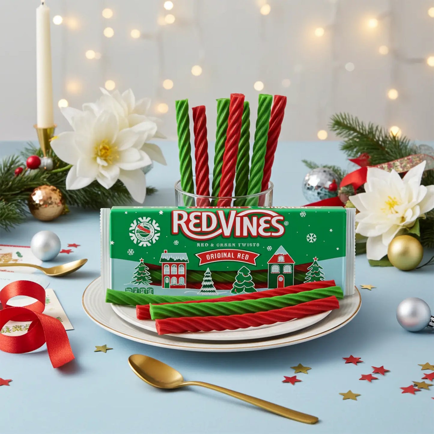 Red Vines red and green candy on a plate with Christmas decorations in the background