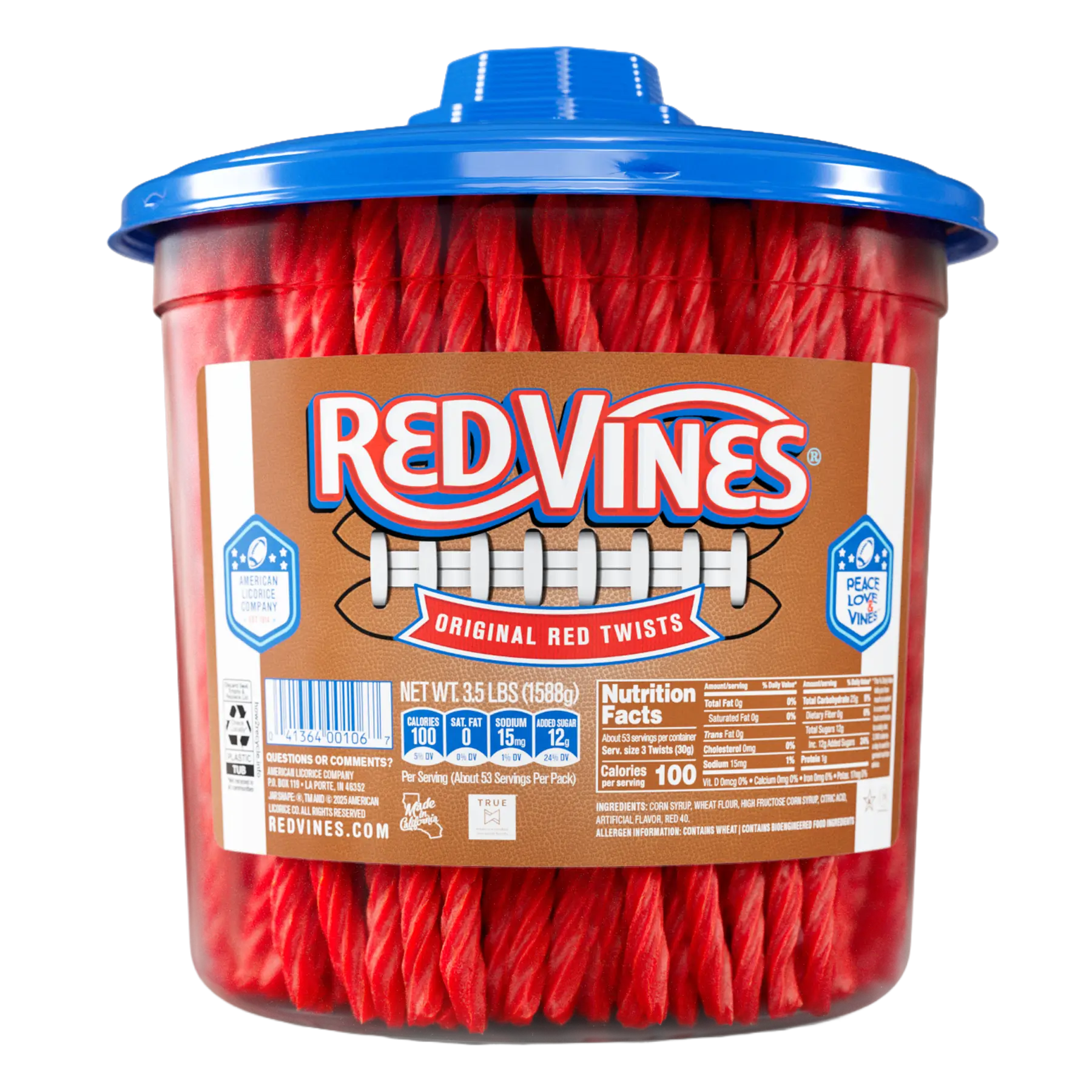 A 3.5 lbs plastic tub of Red Vines Original Red Licorice candy, featuring a football label with the brand logo and a bright blue lid.