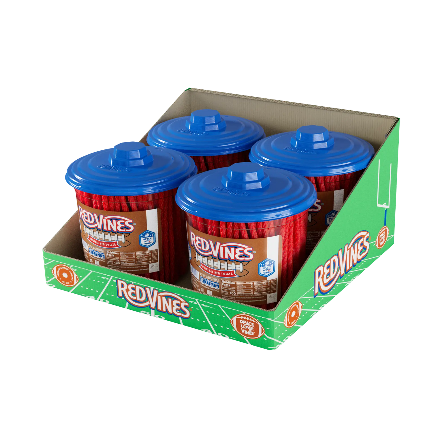 Four 3.5lb RED VINES Original Red Licorice Candy Jars in limited-edition football labels