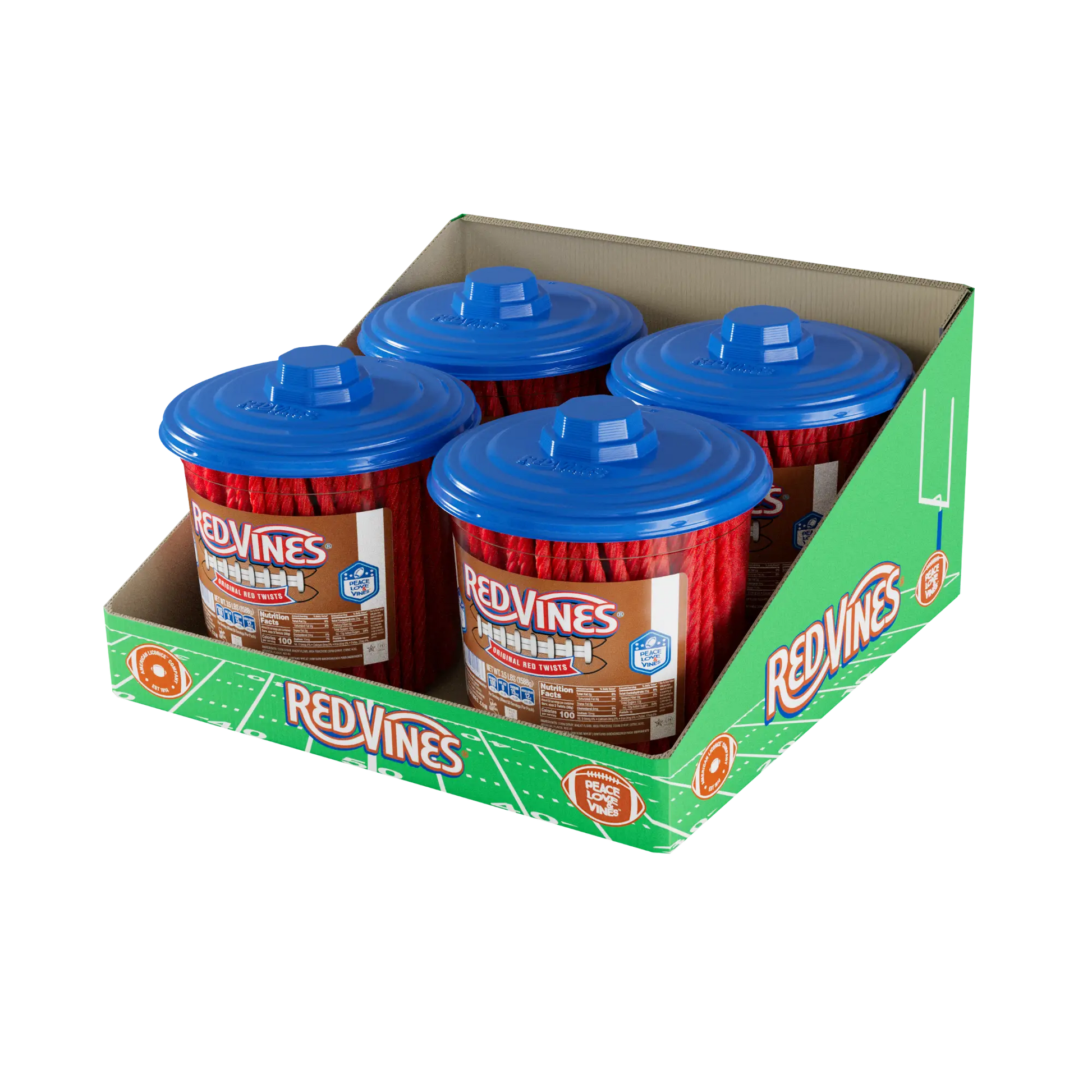 Four 3.5lb RED VINES Original Red Licorice Candy Jars in limited-edition football labels