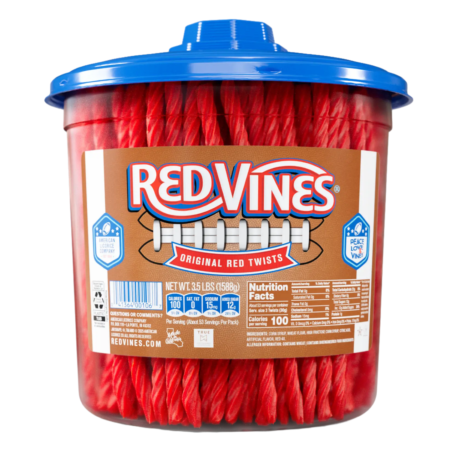 Front of Red Vines Original Red Licorice Twists 3.5lb Jar in limited-edition football graphics