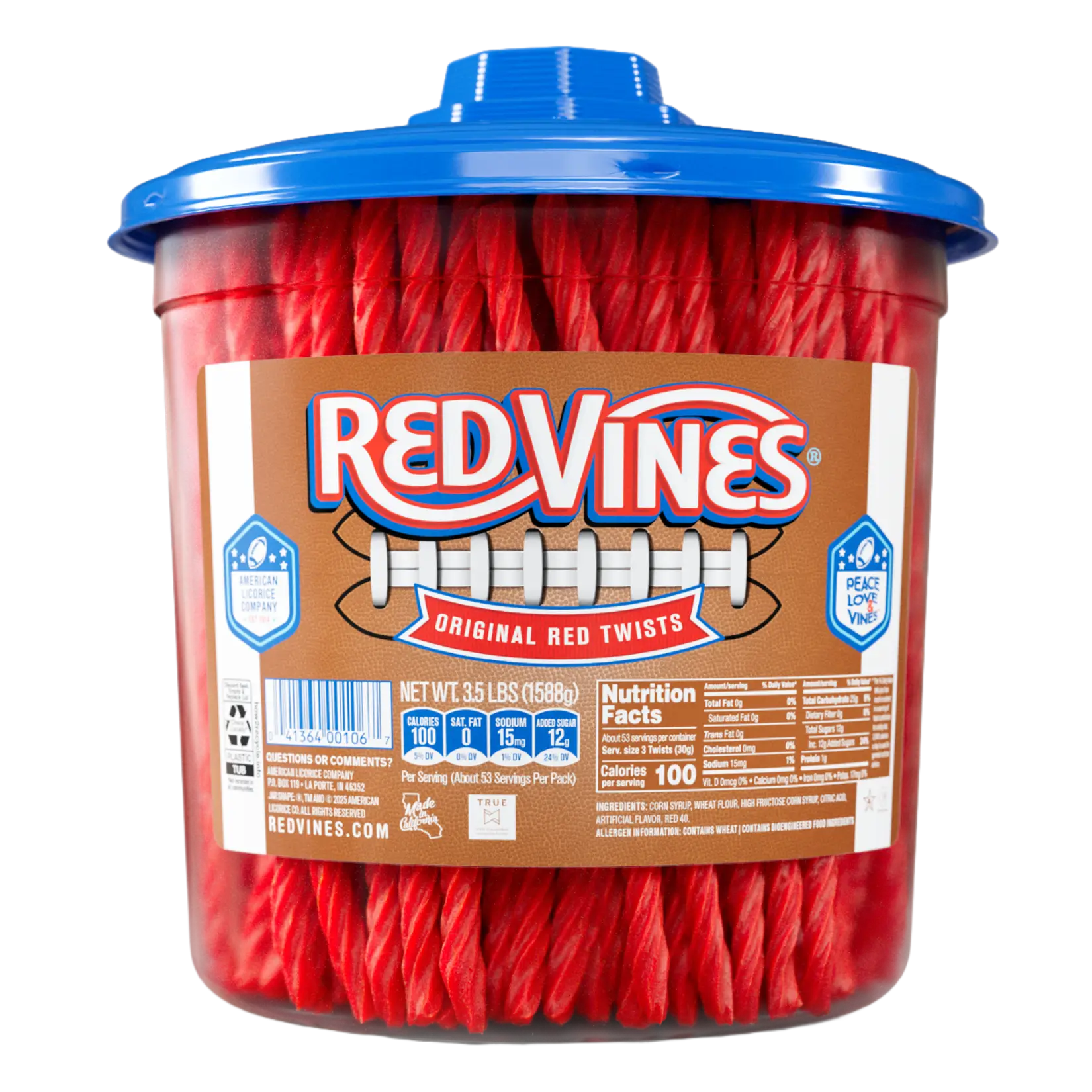 Front of Red Vines Original Red Licorice Twists 3.5lb Jar in limited-edition football graphics