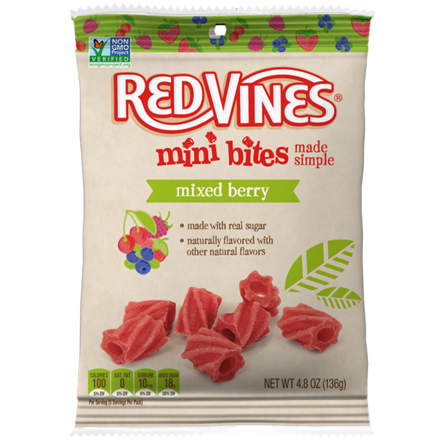 Packaging of Red Vines mini bites mixed berry flavor on a white background