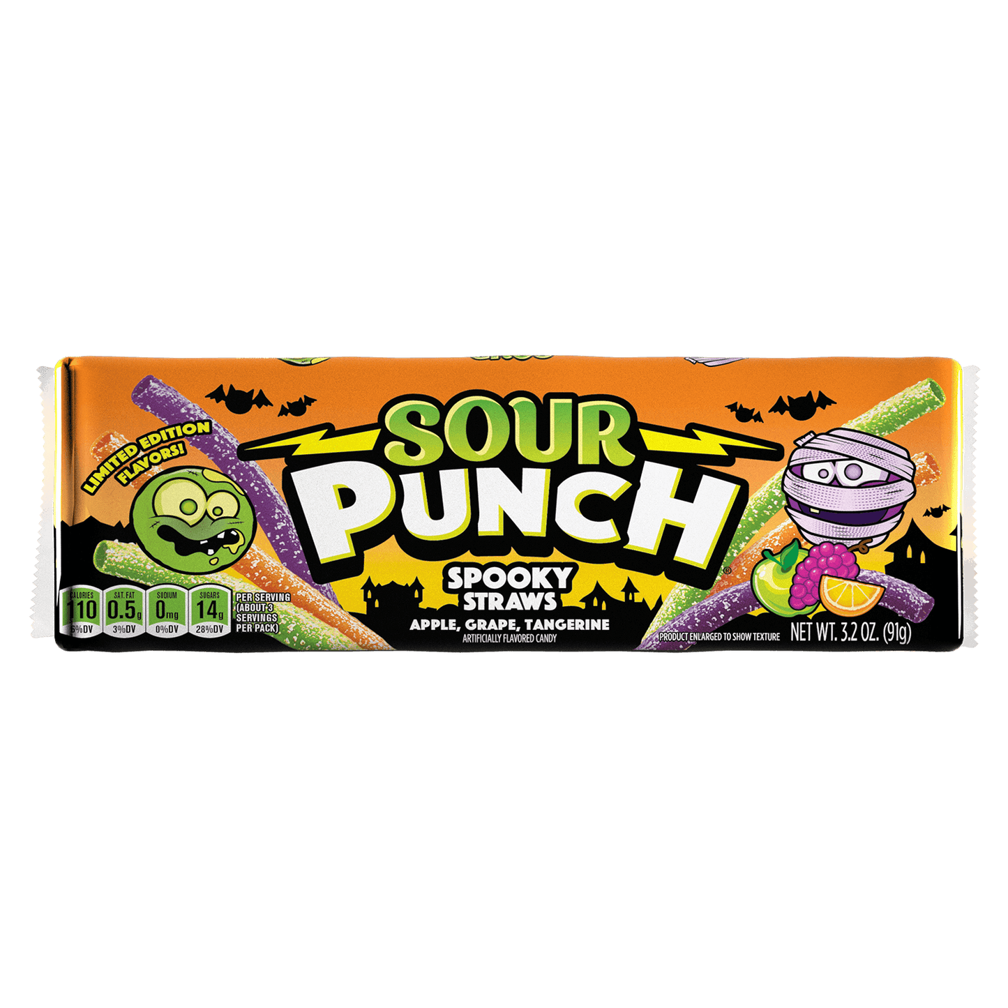 SOUR PUNCH Spooky Straws Halloween Candy - Front of 3.2oz Tray