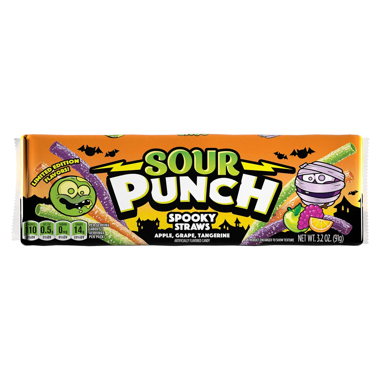 Front of Sour Punch Spooky Straws Halloween Candy 3.2oz Tray