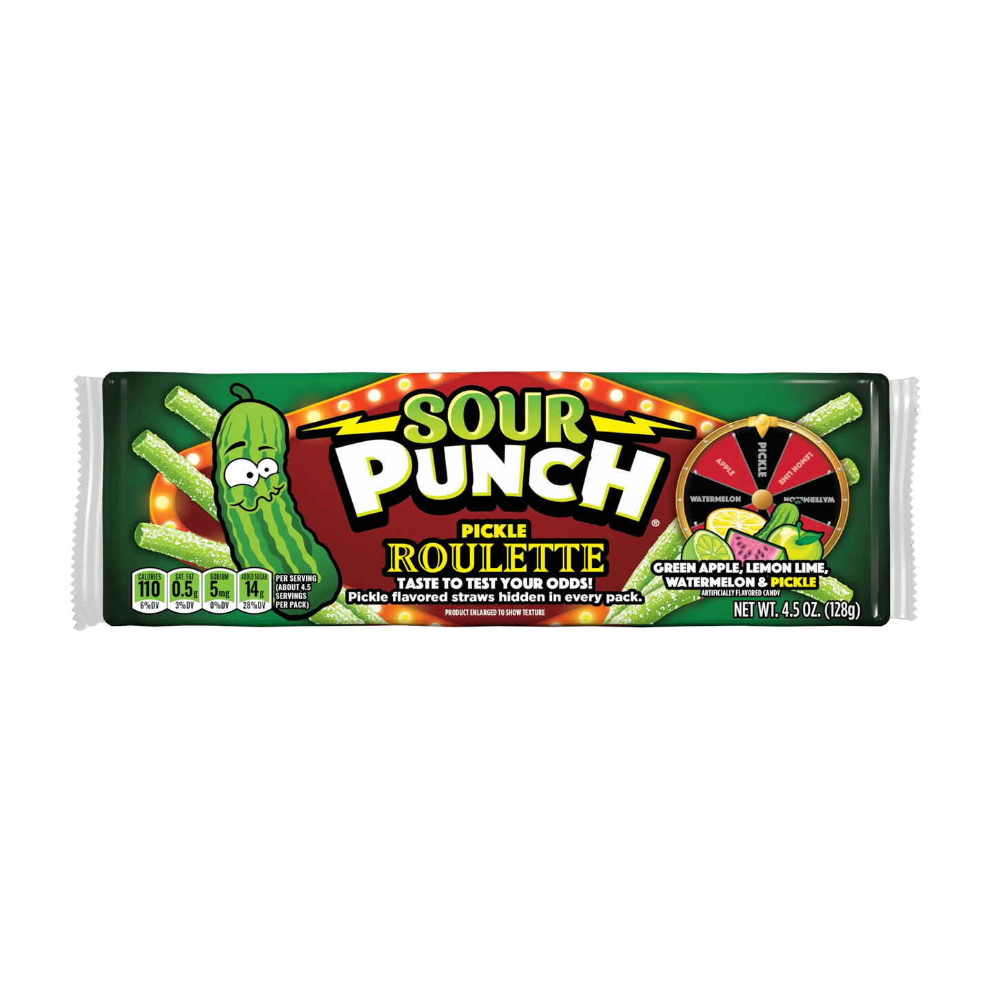 Front of Sour Punch Pickle Roulette Straws 4.5oz Tray