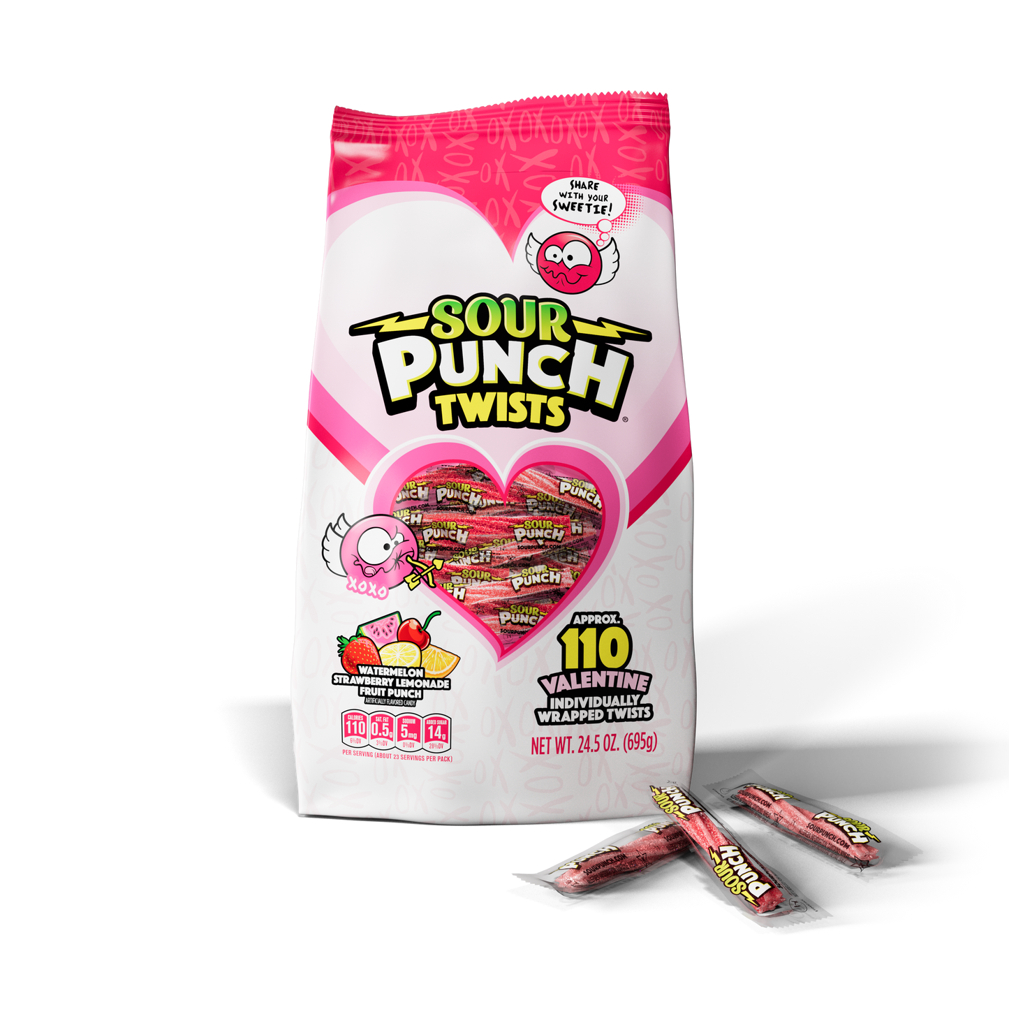 Front of SOUR PUNCH Valentine Candy Twists 24.5oz bag with individually wrapped candies outside of bag