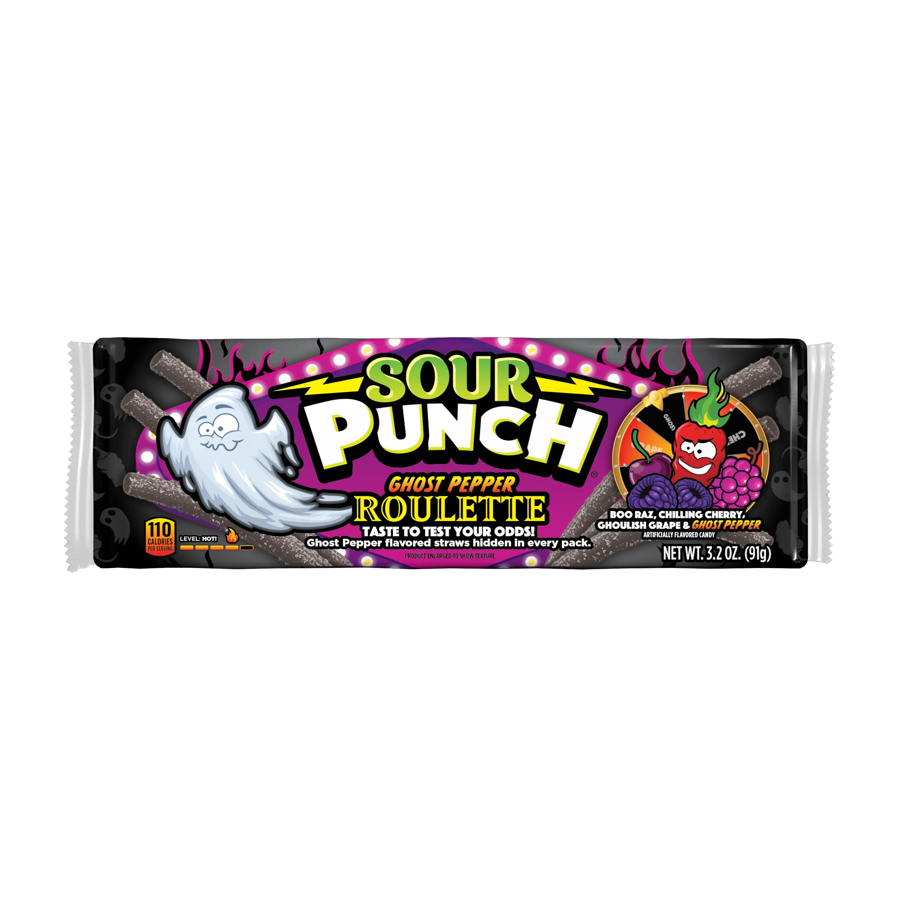 Front of Sour Punch Ghost Pepper Straws Halloween Candy 3.2oz Tray