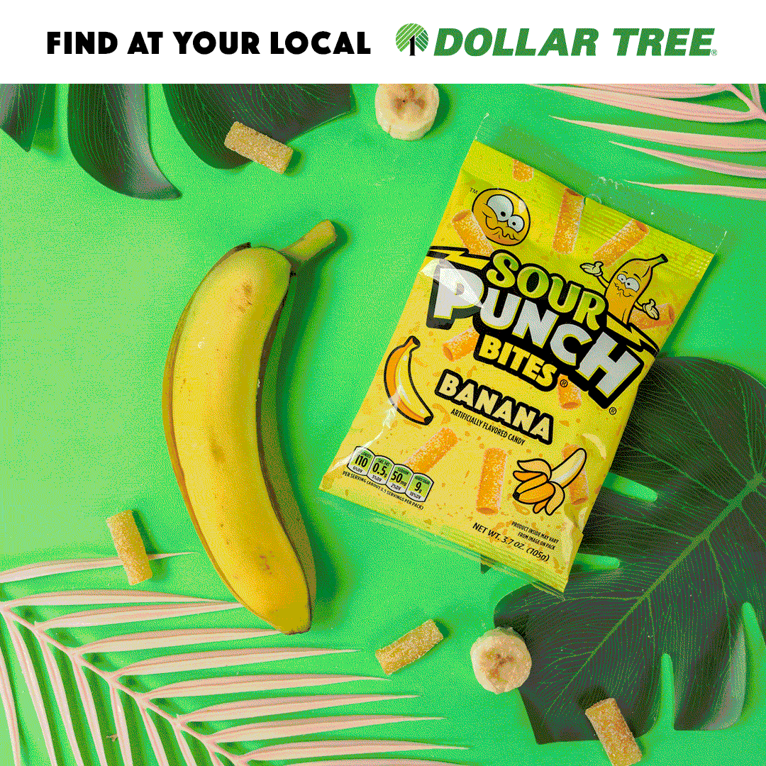 Stop animation of a banana peeling and Sour Punch candy bites coming out of it