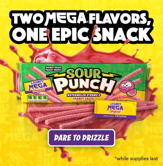 TWO MEGA FLAVORS, ONE EPIC SNACK: Sweet & sour meets a savory kick with the Sour Punch X Mega Chamoy Collab Pack! Dare to Drizzle (while supplies last) >>