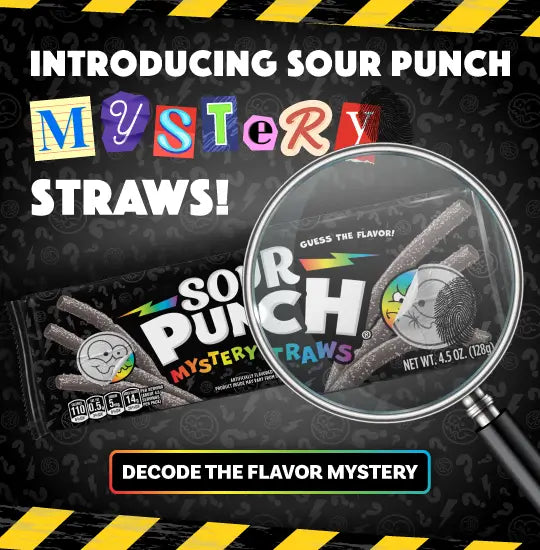 Promotional banner for Sour Punch Mystery Straws with packaging and text on a dark background, and call-to-action button "DECODE THE MYSTERY" >>