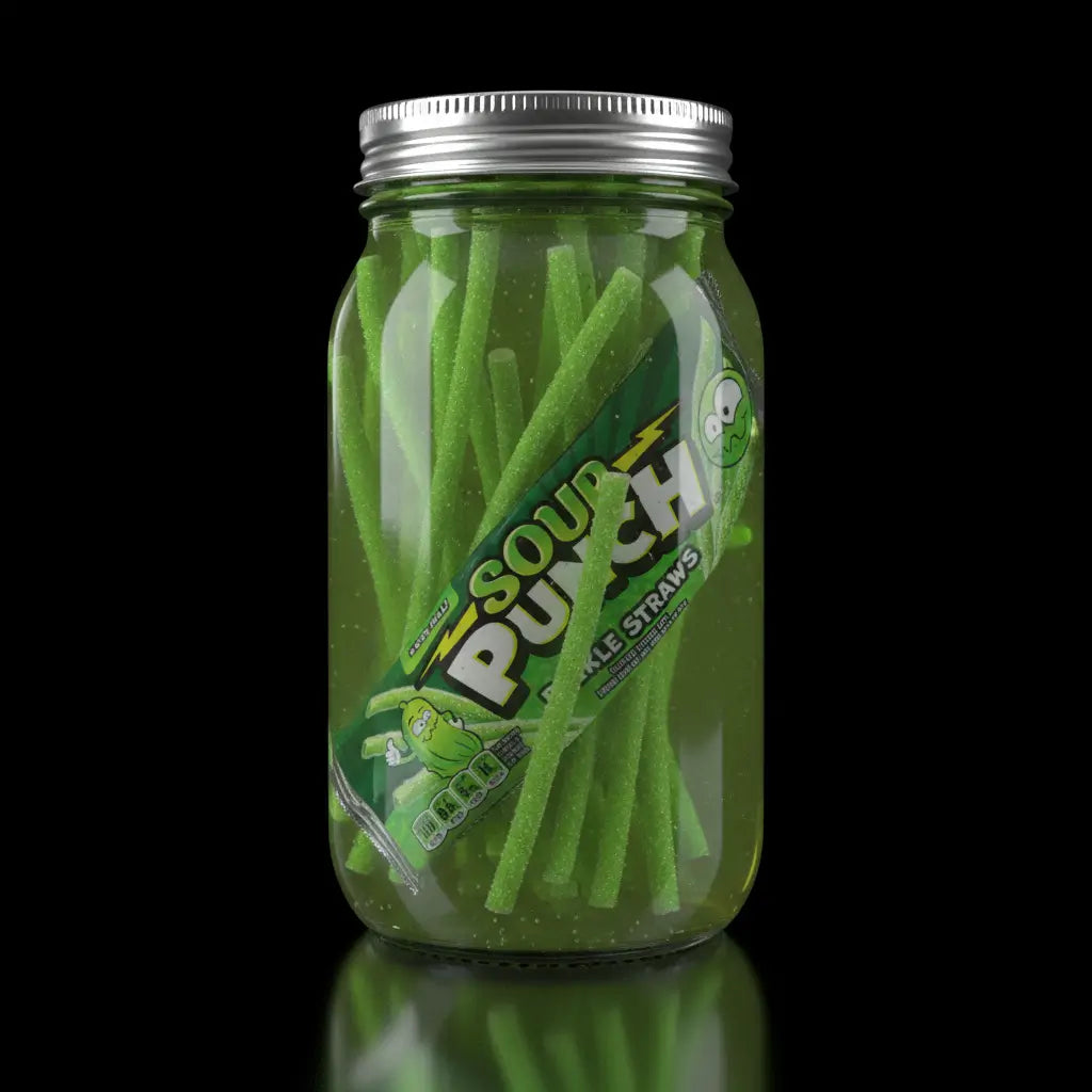 A jar filled with vibrant green Sour Punch pickle straws