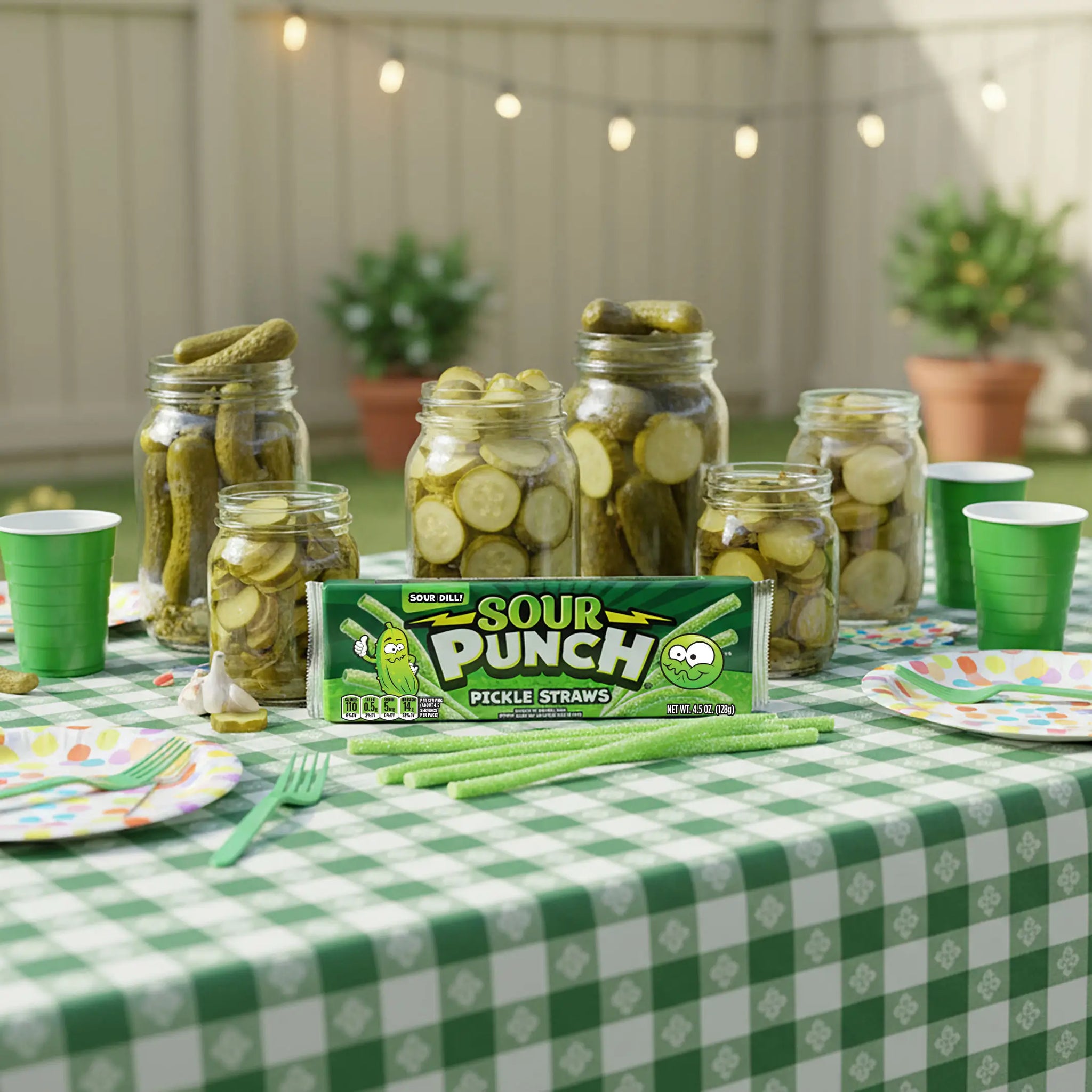 A table with a green checkered cloth is set for a pickle-themed party, featuring jars of pickles, green cups, colorful plates, and a pack of Sour Punch Pickle Straws