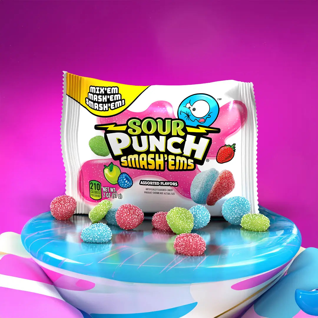 Sour Punch Smash'ems 2oz Pouch on a light blue platform with hot pink background