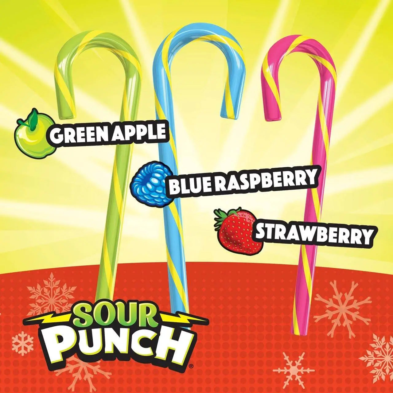 Sour Punch Green Apple, Blue Raspberry, and Strawberry candy canes