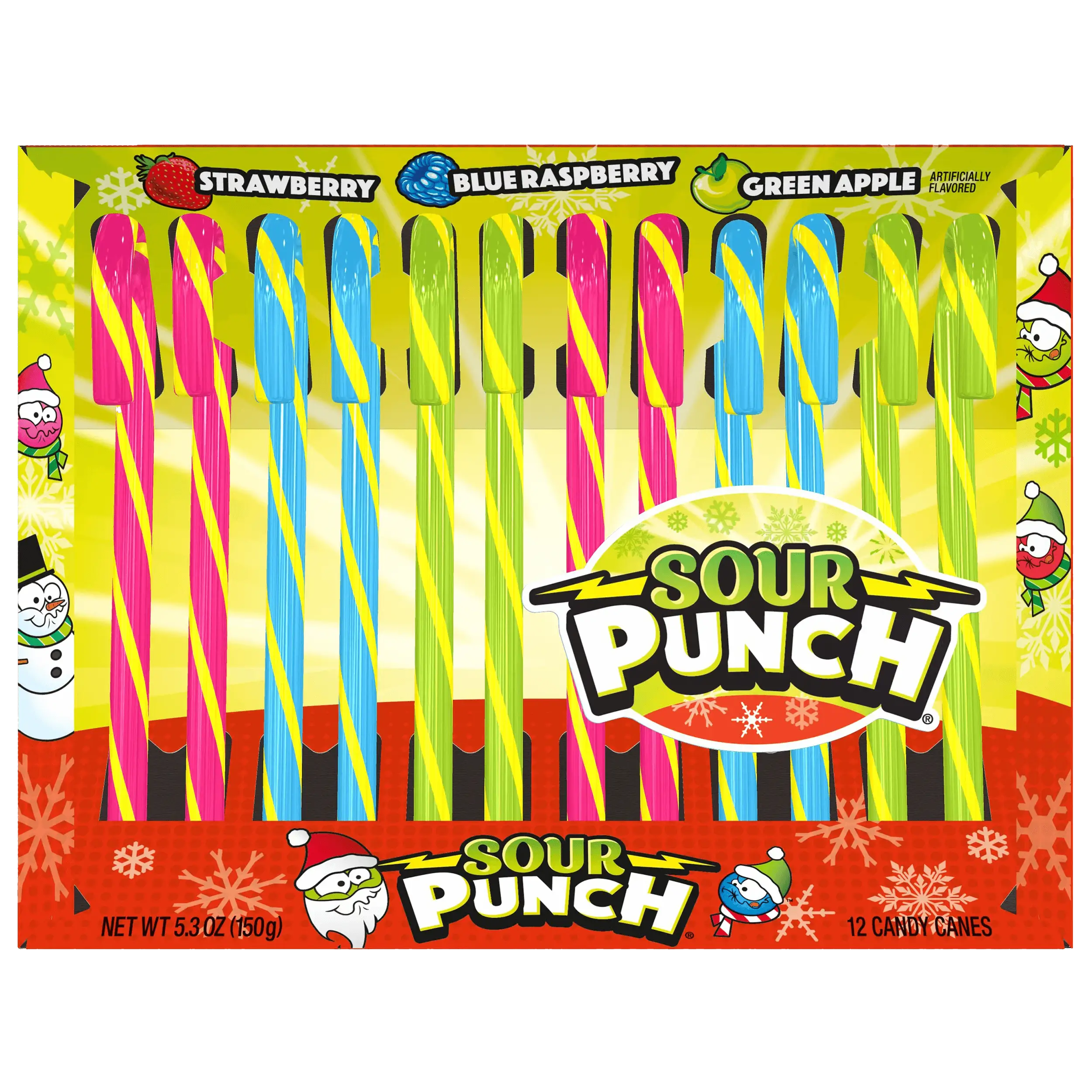 Sour Punch Candy Canes - 4 Strawberry, 4 Blue Raspberry, 4 Green Apple