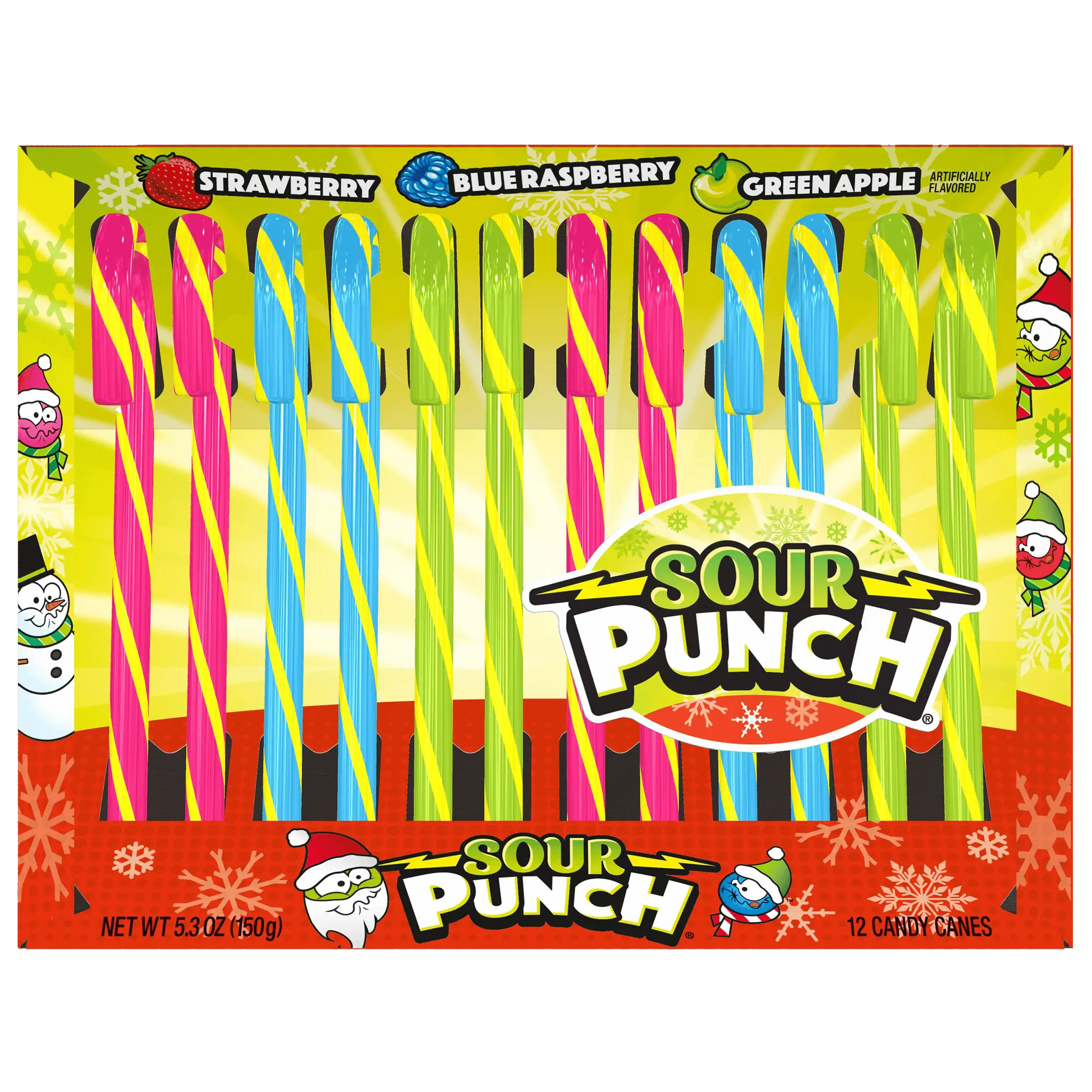 Sour Punch Candy Canes - 4 Strawberry, 4 Blue Raspberry, 4 Green Apple