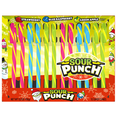 Sour Punch Candy Canes - 4 Strawberry, 4 Blue Raspberry, 4 Green Apple