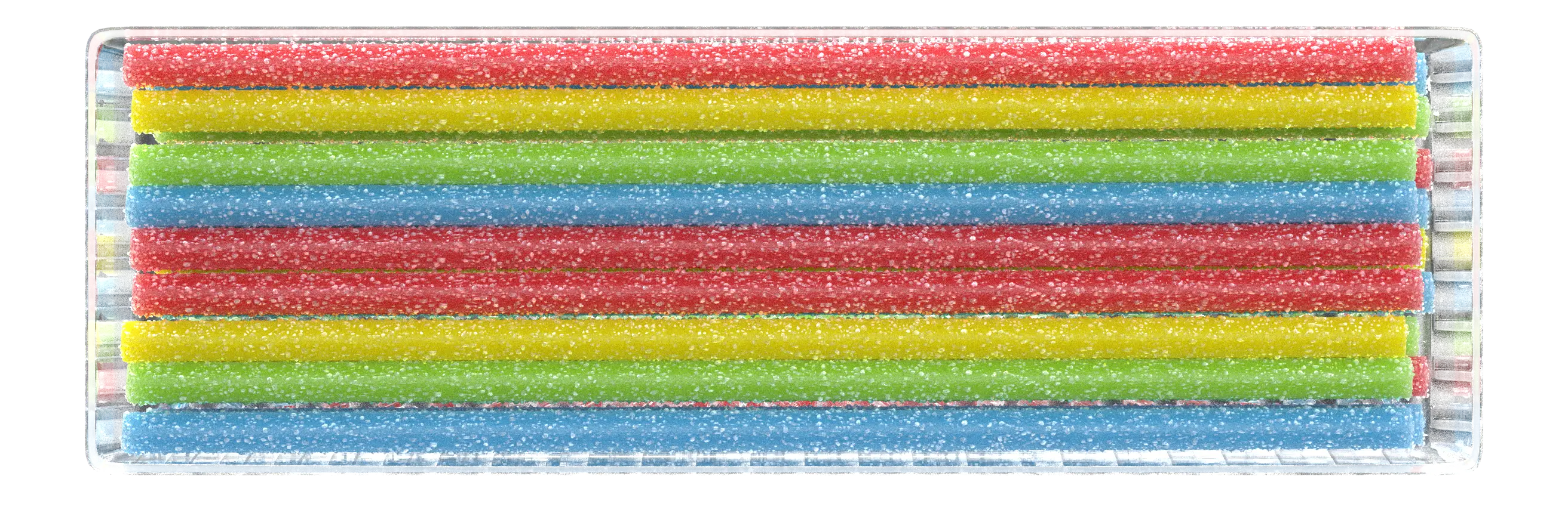 Red, Blue, Green, and Yellow candy straws with a sour sugar coating inside an open tray of Sour Punch