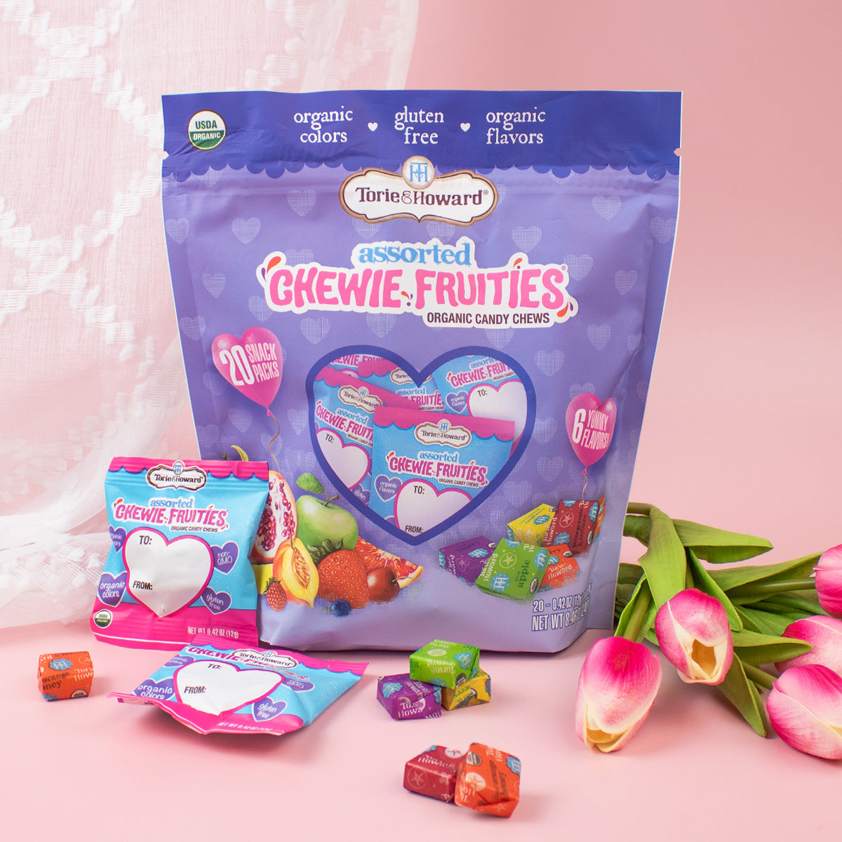 Chewie Fruities Organic Valentine Candy 8.46oz Bag with flowers