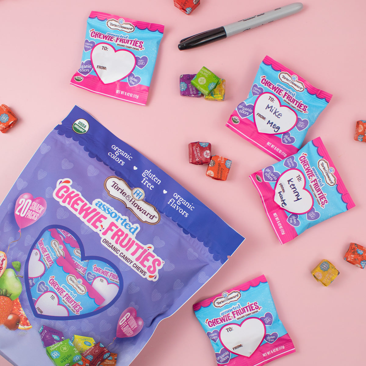 Chewie Fruities Organic Valentine Candy 8.46oz Bag with inner pouches and individually wrapped candies around the bag