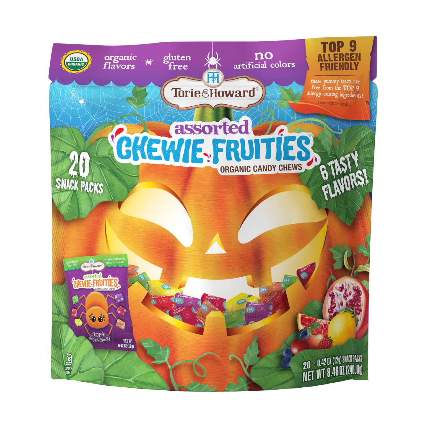 TORIE & HOWARD Chewie Fruities Organic Halloween Candy - front of 8.46oz bag