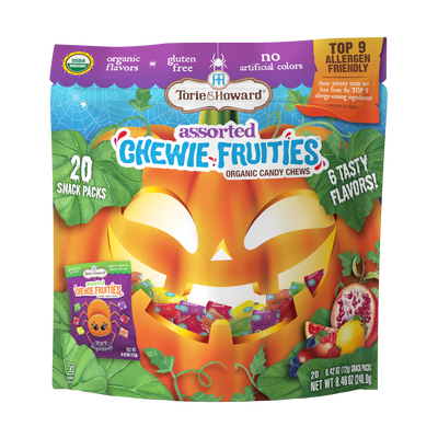 TORIE & HOWARD Chewie Fruities Organic Halloween Candy - front of 8.46oz bag