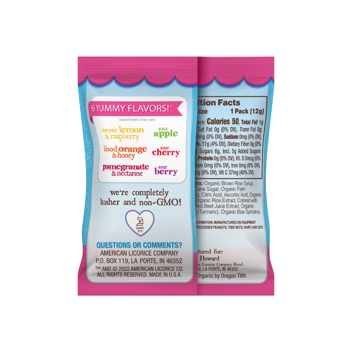 Back of Chewie Fruities Assorted Organic Valentine Candies inner .42oz pouch