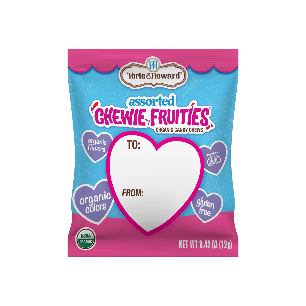 Front of Chewie Fruities Assorted Organic Valentine Candies inner .42oz pouch