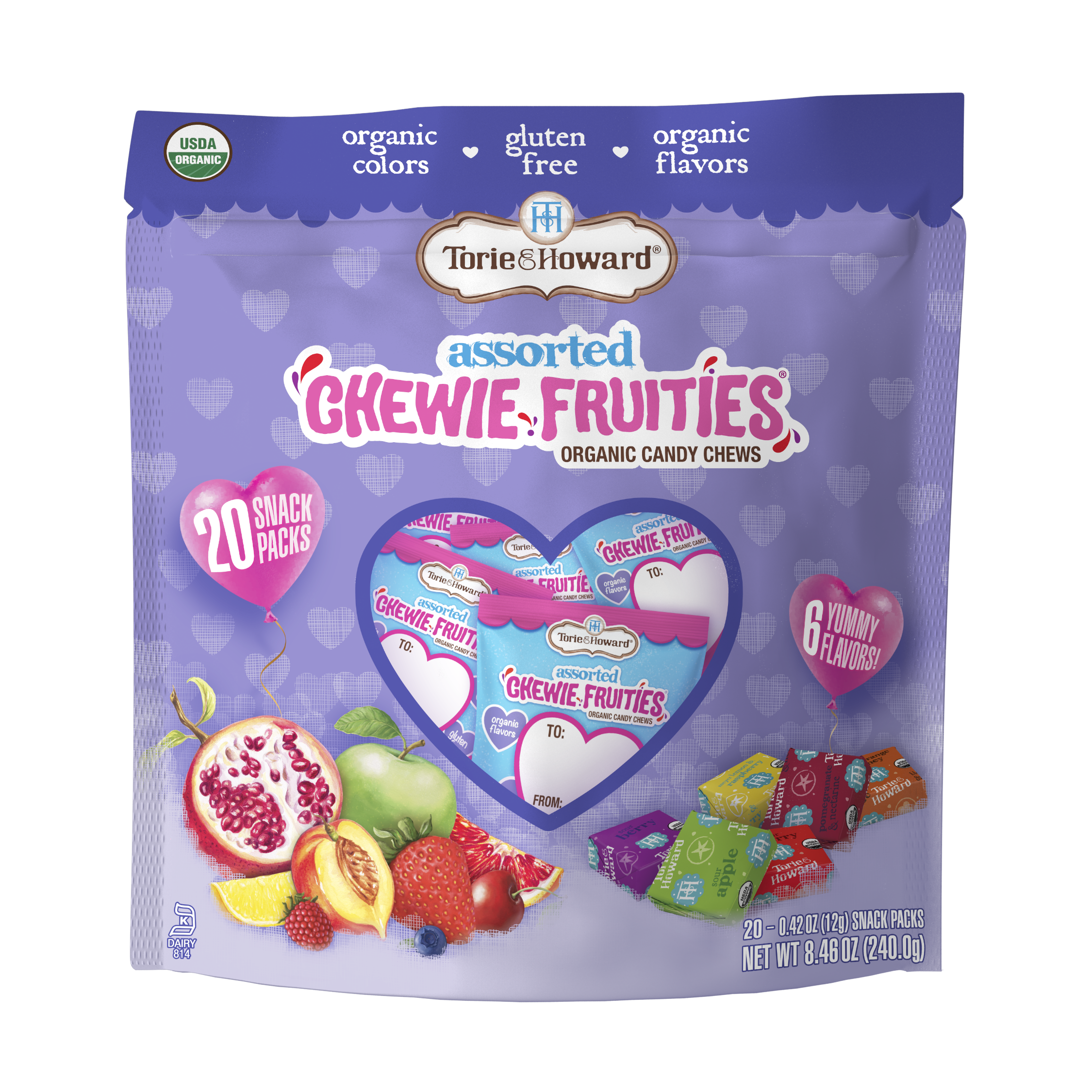 Front of Chewie Fruities Organic Valentine Candy 8.46oz Bag