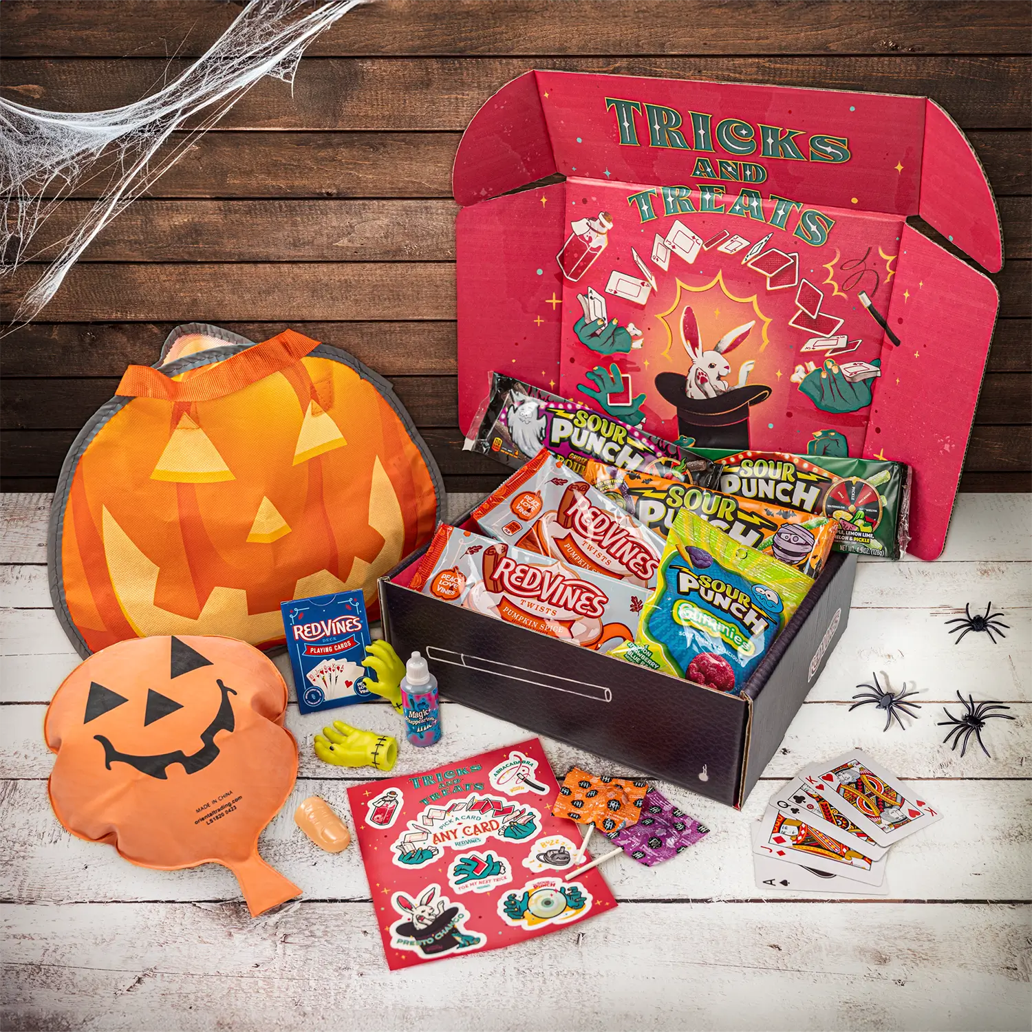 American Licorice Company Tricks or Treats Halloween Candy and Merch Box surrounded by prop spiders and spider webs