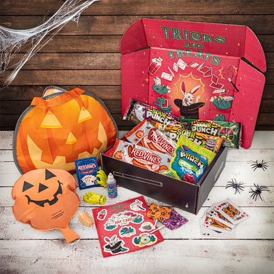 American Licorice Company Tricks or Treats Halloween Candy and Merch Box surrounded by prop spiders and spider webs