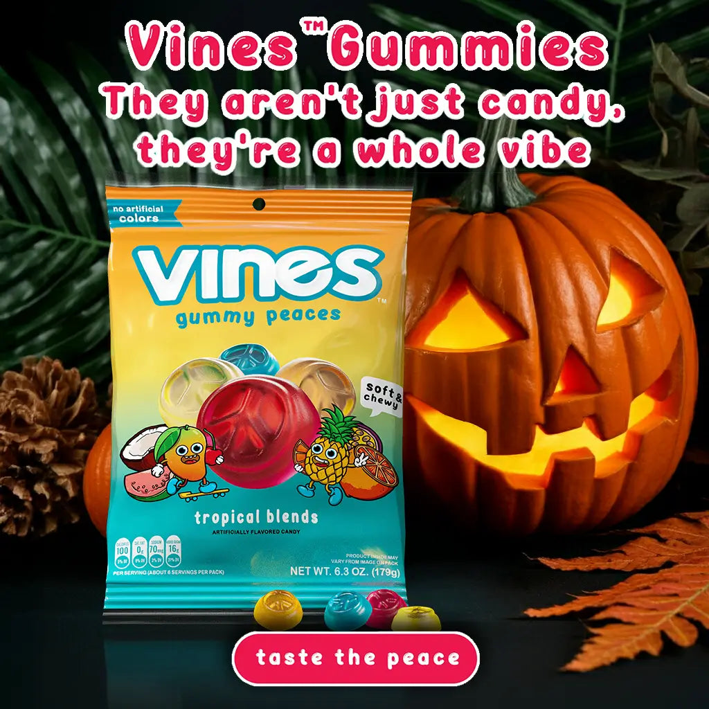 Vines Gummies package with a lit jack-o'-lantern and Halloween decorations.