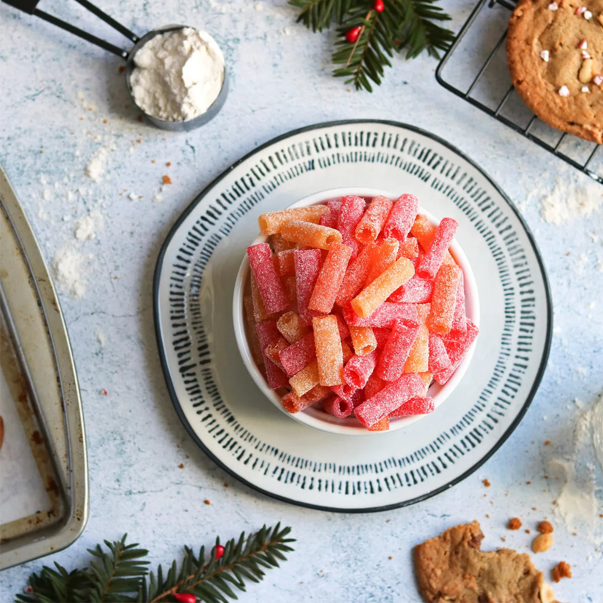 Sour tropical candy bites in a festive bowl