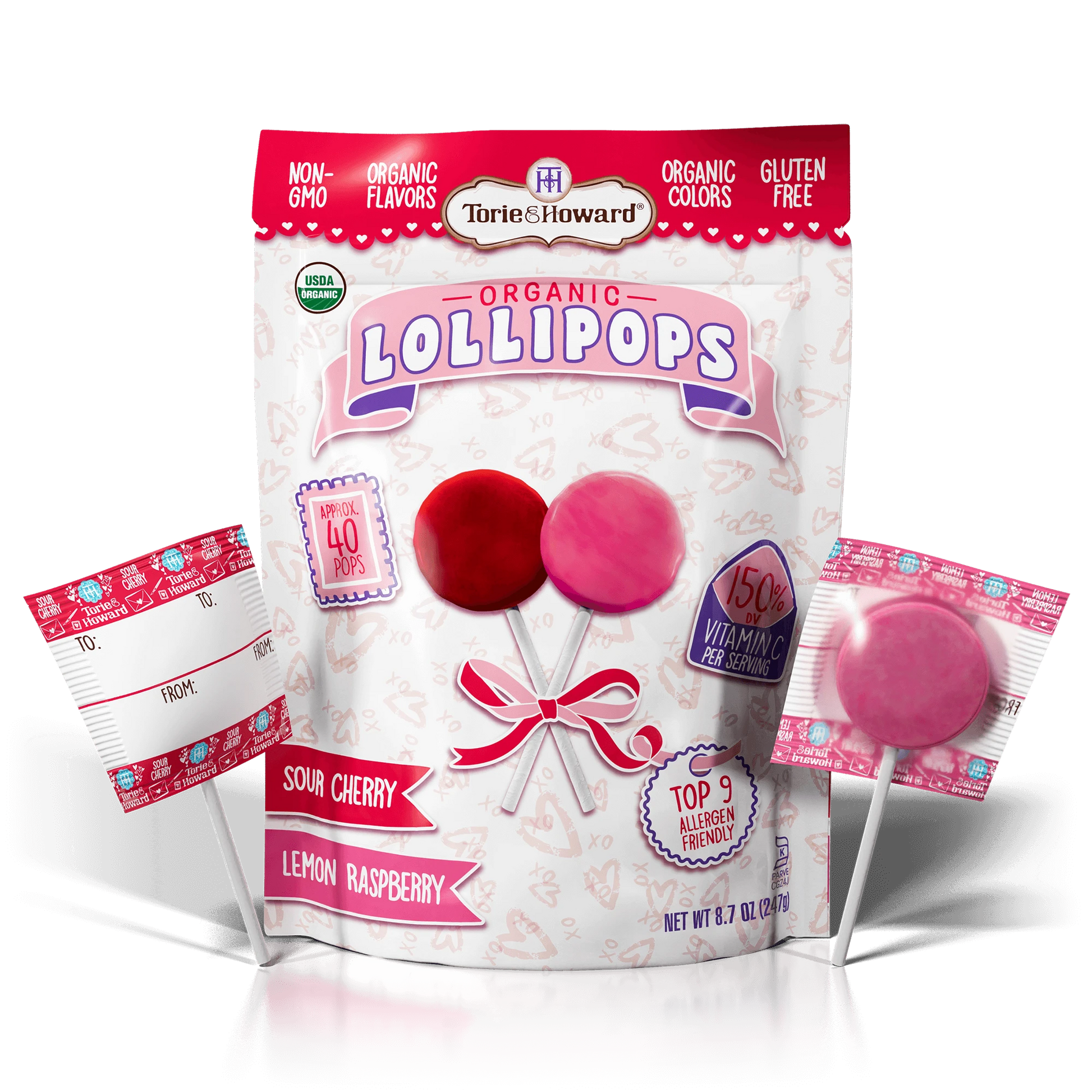 Bag of Organic Valentine's Candy Lollipops with individually wrapped lollipops out of the bag