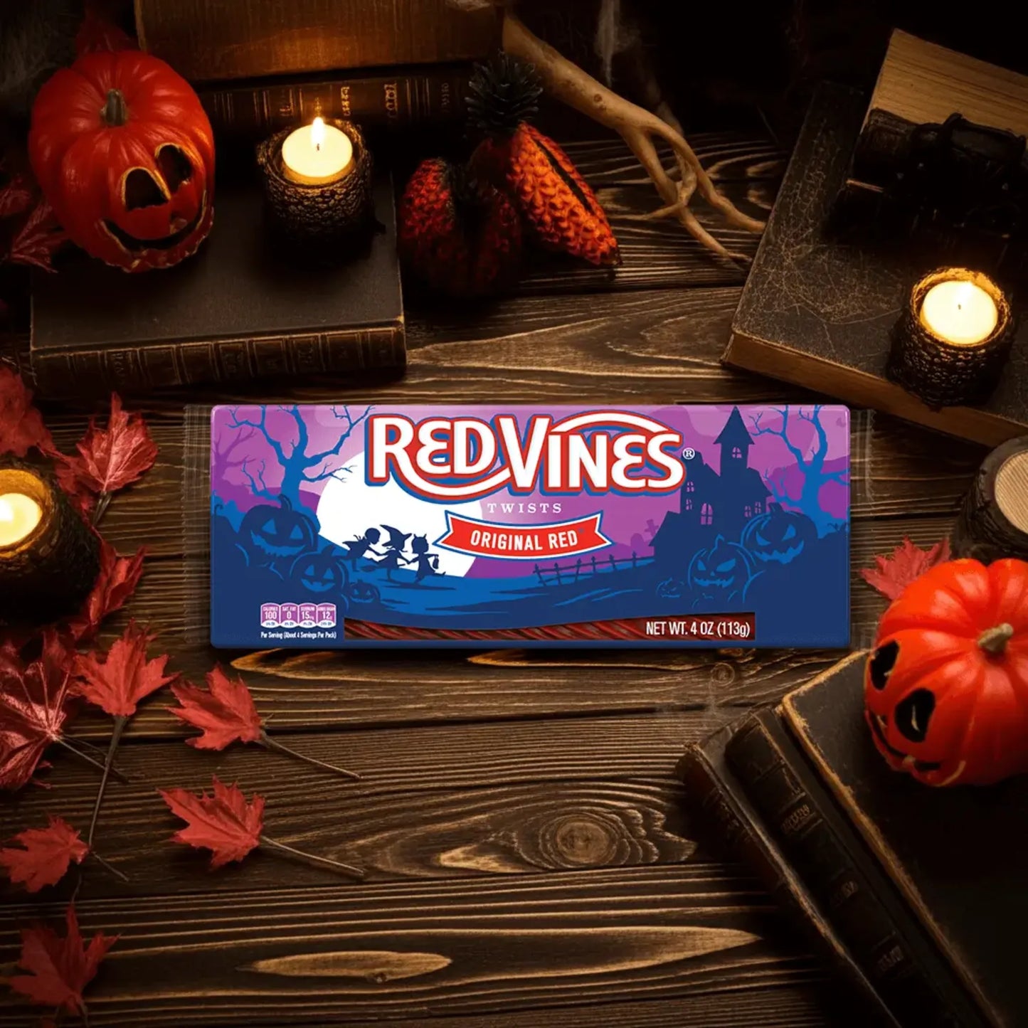Red Vines Halloween Twists Tray with halloween decorations and old books